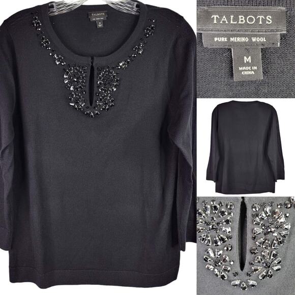Talbots Sweater Womens Merino Wool Size Medium M Black Beaded Holiday Sparkle - Picture 1 of 4